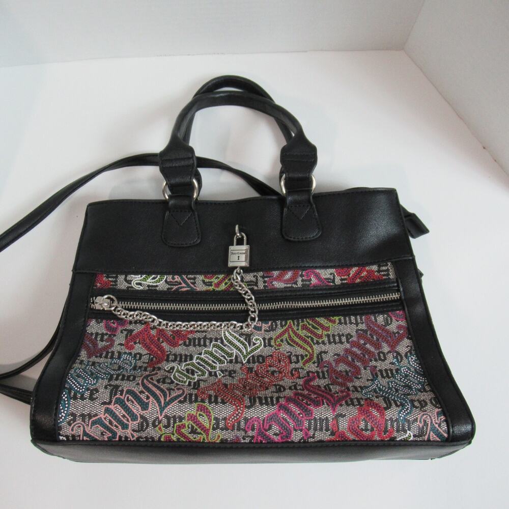 Juicy Couture Handbag Black Beige Lock N Chain Tote Bag Purse Punk Skater Y2K